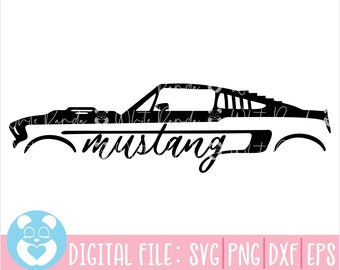 May include: Black and white silhouette of a classic Ford Mustang car with the word "mustang" written in cursive underneath.