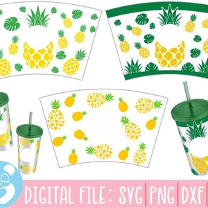 Puede incluir: Una descarga digital de archivos SVG, PNG, DXF y EPS para un diseño de vaso temático de piña. El diseño presenta piñas, hojas y una forma de corazón.
