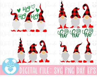 May include: A digital file set of nine red and black buffalo plaid gnomes with white beards and red hats. The gnomes are in various poses and some have a curly hat. The text "ho ho ho" is written in green below the gnomes.