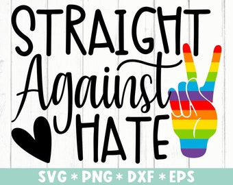 Puede incluir: Texto en blanco y negro que dice "Straight Against Hate" con un signo de paz arcoíris a la derecha. Un corazón negro se encuentra entre las palabras "Against" y "Hate".
