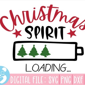 May include: A red and black graphic design with the text "Christmas Spirit Loading..." and a battery icon with three green Christmas trees inside.