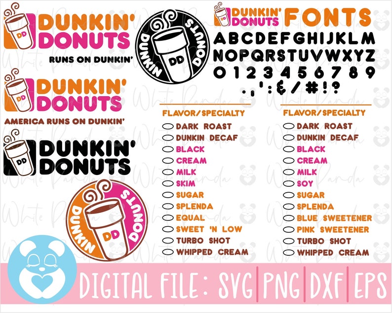 K&ouml;nnte beinhalten: Eine digitale Datei f&uuml;r ein Dunkin' Donuts-Logodesign. Das Logo zeigt den Text "Dunkin' Donuts" in einer fetten, schwarzen Schriftart mit einem rosafarbenen und orangen Donut-Grafik. Der Text "Runs on Dunkin'" befindet sich unter dem Logo. Die Datei umfasst die Formate SVG, PNG, DXF und EPS.