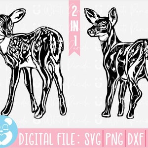 May include: Two black and white silhouette images of a deer fawn. The fawn is standing with its head turned to the side. The images are suitable for crafting projects.