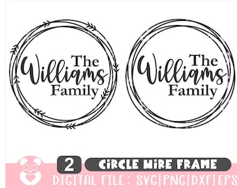 Puede incluir: Dos marcos circulares de alambre negro y blanco con el texto "The Williams Family" dentro de cada marco. Los marcos están decorados con un diseño floral simple.