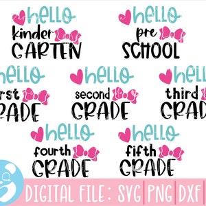 Pacote Hello School Svg, Svg de volta às aulas, Svg do primeiro dia de aula, Svg escolar, Svg do professor, Camisa escolar para crianças Svg, Letras à mão, Cricut