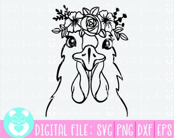 Chicken Svg,Chicken With Flower Crown Svg,Chicken Flower Svg,Chicken Floral Svg,Chicken Face Svg, Animal Face,Cricut File,Silhouette,Dxf,Eps
