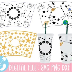 Può includere: Un download digitale di un design per una tazza riutilizzabile con un motivo di costellazione con stelle, pianeti e segni zodiacali. Il design è disponibile nei formati SVG, PNG, DXF ed EPS.