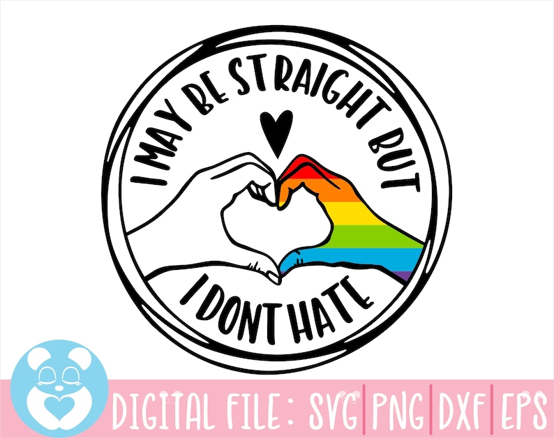 Pu&ograve; includere: Cerchio bianco e nero con il testo "I may be straight but I don't hate" a forma di cuore con due mani che formano il cuore. Una mano &egrave; arcobaleno e l'altra &egrave; bianca.