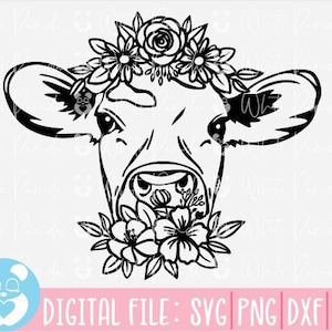 牛 SVG、花冠をつけた牛 SVG、牛の花 SVG、牛の花 SVG、牛の顔 SVG、動物の顔 SVG、Cricut 用牛 SVG ファイル、シルエット
