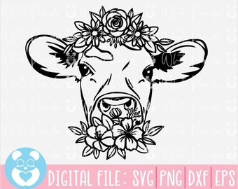 牛 SVG、花冠をつけた牛 SVG、牛の花 SVG、牛の花 SVG、牛の顔 SVG、動物の顔 SVG、Cricut 用牛 SVG ファイル、シルエット