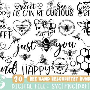 Puede incluir: Un conjunto de 20 archivos SVG, PNG y DXF en blanco y negro con temática de abejas. Los diseños incluyen frases como "Bee Happy", "Bee Sweet", "Let It Bee" y "Queen Bee".