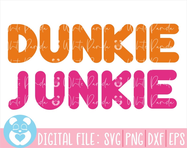 Puede incluir: Dise&ntilde;o gr&aacute;fico naranja y rosa con el texto "Dunkie Junkie" en una fuente en negrita y de bloque. El fondo es un patr&oacute;n de panda blanco.