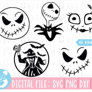 Puede incluir: Cinco archivos de corte digital en blanco y negro de la cara de Jack Skellington de la película Pesadilla antes de Navidad. Los archivos son para usar con una máquina de corte. El texto "5 IN 1" está incluido en la imagen.