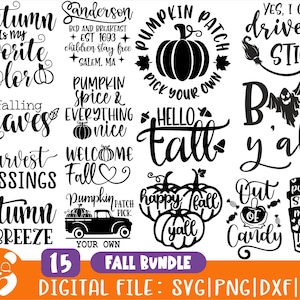 Puede incluir: Un conjunto de 15 archivos digitales en blanco y negro para manualidades. Los archivos presentan texto e imágenes con temática otoñal, incluyendo calabazas, hojas y fantasmas. El texto incluye frases como "El otoño es mi color favorito", "Especias de calabaza y todo lo bueno", y "Feliz otoño a todos".