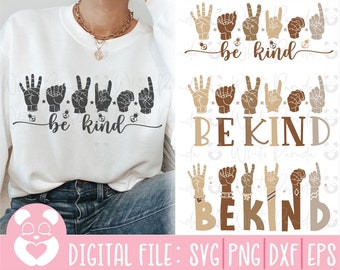 Könnte beinhalten: Digitales Design mit einer Grafik von Händen in der amerikanischen Gebärdensprache, die "be kind" buchstabieren. Das Design ist auf einem weißen T-Shirt und in einer separaten Grafik mit braunen und beigefarbenen Farben dargestellt.