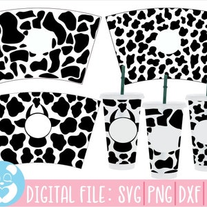 May include: A digital file set for creating cow print cups. The set includes a cup wrapper, a cup, and a straw wrapper. The design features a black and white cow print pattern.