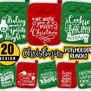 May include: Set of 20 Christmas-themed pot holders with various designs and sayings. The pot holders are red and green with a quilted pattern. Some of the sayings include "Baking Spirits Bright", "We Whisk You a Merry Christmas", "Cookie Baking Crew", "Trying to Earn Brownie Points", "The Secret Ingredient is Love", "Have a Sweet Christmas", "Thanks for Making Me a Smart Cookie", and "Christmas Baking Crew".