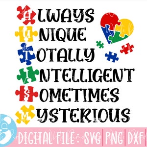 Autism Svg, Always Unique Totally Intelligent, Autism Awareness Svg, Autism Clipart, Always Svg, Unique Png, Dateien für Cricut Silhouette Svg