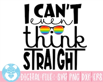 Könnte beinhalten: Schwarz-weißes Text-Motiv mit dem Text "Ich kann nicht mal gerade denken" mit einer regenbogenfarbenen Sonnenbrille über dem Wort "denken".