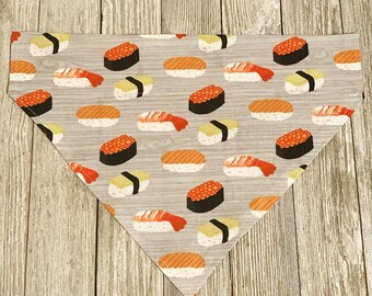 Sushi On Grey Personalized Dog Bandana | Over The Collar | Cat Bandana | Food Bandana Sushi Scarf