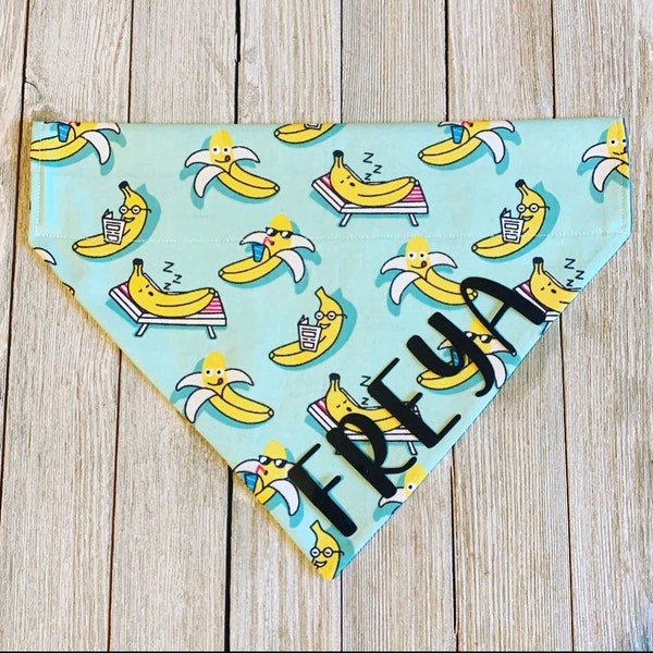 Lounging Banana Personalized Dog Bandana | Over The Collar | Cat Bandana | Slip On | Pet Accessories