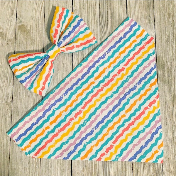 Rainbow Stripes Dog Neck Bow Tie OR Personalized Bandana | Over The Collar | Cat Bow | Pet Accessories