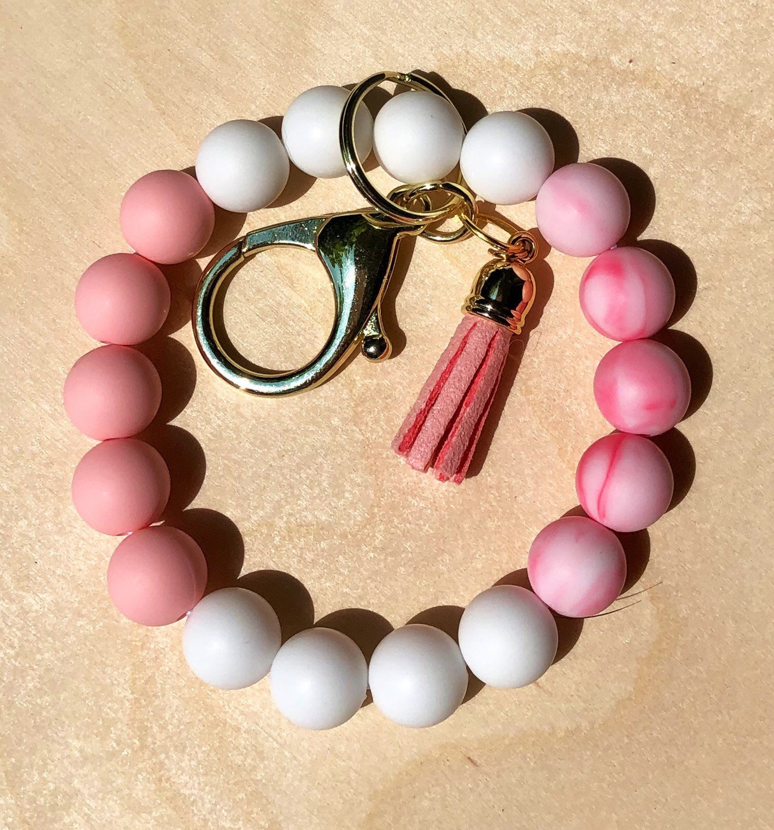 Pink and white marble silicone bead keychain bracelet Etsy