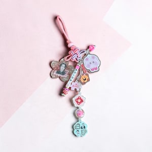May include: A decorative keychain featuring a pink cord, a knot, and multiple acrylic charms. Charms include a flower shape with a person's portrait, a cloud-like figure, a bear, a puzzle piece, and a blue flower shape with text and portraits.