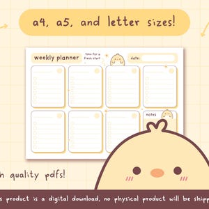 Planificador semanal imprimible sin fecha con temática de pato dormilón / Descarga digital / Papelería / Kawaii / Calendario / A5 / A4 / Carta