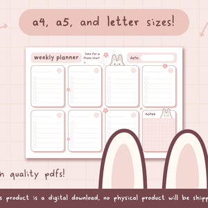 Planificador semanal imprimible sin fecha con temática de conejito gruñón / Descarga digital / Papelería rosa / Kawaii / Calendario / A5 / A4 / Carta