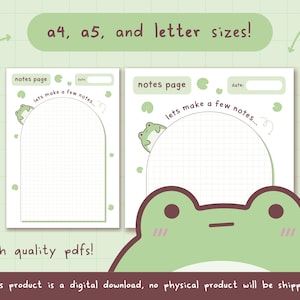 Página de notas imprimibles sin fecha con temática de rana aburrida / Descarga digital / Planificador / Calendario / Planificador kawaii / A5 / A4 / Carta