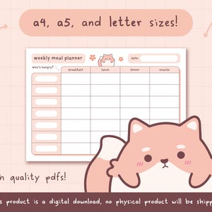 Planificador de comidas semanal imprimible con temática de zorro melancólico, sin fecha, descarga digital, kawaii, salud, seguimiento de comidas, tamaño A5, A4, carta