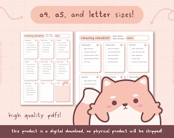 May include: Printable cleaning checklist with a cute cartoon fox illustration. The checklist is divided into sections for different areas of the house, such as the hallway, living room, kitchen, laundry, and bedrooms. Each section includes a list of cleaning tasks to complete.