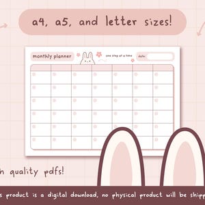 Planificador mensual imprimible sin fecha con temática de conejito gruñón / Descarga digital / Diario / Calendario / Kawaii / A5 / A4 / Carta