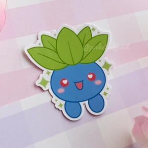 Pegatina de vinilo mate de Odd Guy: estrellas pastel, videojuego kawaii, botella de agua, funda para portátil, teléfono, PC, personajes japoneses, lindo brote de hierba de Kanto