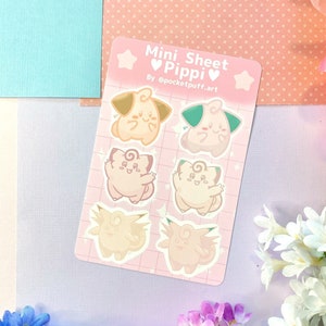 Pastel mon Mini Vinyl Sticker Sheet - Pippi cleffa clefairy clefable shiny mon cute kawaii characters journaling deco gaming stickers