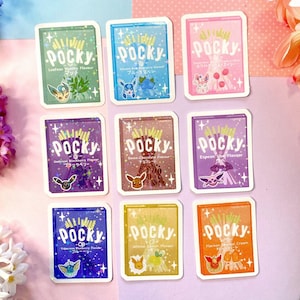 Pegatinas de vinilo Holo Evolutions Pocky: Mon Pocky, aperitivos asiáticos y japoneses, adorables sabores kawaii, Evee, fresa estrellada y Pocky brillante.