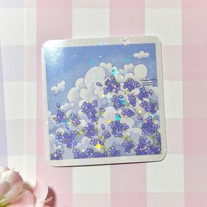 Ästhetische Szenen Lila Blumen niedliche kawaii Sparkly Starry Holo Vinyl-Aufkleber - Skyline Flieder Lavendel Pastellhimmel Wolken weich Wildblume
