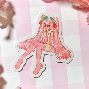 Sakura Miku holografische Vinyl-Aufkleber - rosa Kirschblüte Pastell Kawaii Wasserflasche Laptop japanische Vokaloid Hatsune Blume Anime