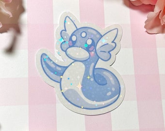 Squishy dragon snake holographic vinyl stickers - kanto pastel video game kawaii water bottle laptop phone case pc japanese cute gamer