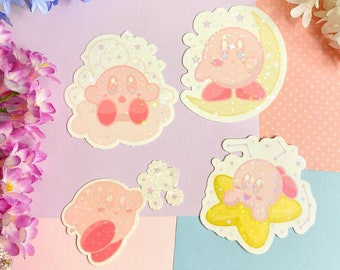 Pastel Starry cute Kirb poyo Holo Vinyl Stickers - kawaii Kirb Moon, Kirb Star, Kirb Cloud Galaxy Theme holo cute kawaii sparkly stickers