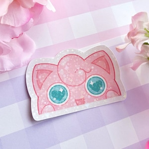 Pegatinas holográficas de vinilo con efecto de bocanada rosa que se asoman - videojuego pastel de Kanto, botella de agua kawaii, funda para teléfono, portátil, PC, mon japonés, lindas pegatinas redondas