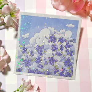 Escenas estéticas, impresiones holográficas, flores moradas, lindas plantas de horizonte, cielo kawaii pastel, nubes, decoración de pared, impresiones holográficas de estrellas, azul, morado