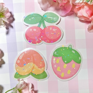 Fruit schattige holografische vinylstickers - perzik kers aardbeiensap sappig pastel kawaii waterfles laptop telefoonhoes pc picknick sprankelend