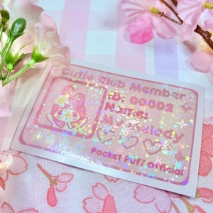 Pink Bunny Cutie Club Member Card Skin - capa de adesivo de vinil para cartão de ônibus kawaii fofo anime holográfico coquete adorável menina com capuz