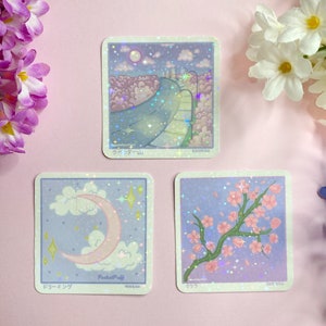 Esthetische lentetaferelen schattige kawaii Sparkly Starry Rainbow Holo vinylstickers - dromen, lavendelberg, sakura