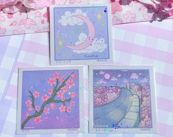 Aesthetic spring scenes holo prints - cute kawaii sakura cherry blossoms flowers pastel sky cloud moon wall decor holographic starry scenery