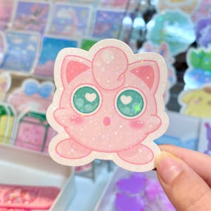Autocollants roses en vinyle holographique - fée type kanto pastel jeu vidéo kawaii rose ballon kitty coque de téléphone pc monstre japonais mignon