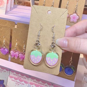 Strawberry Acrylic 925 Silver Dangle Earrings - hypoallergenic sterling drop cute kawaii adorable jewelry fruit berries pink cottagecore