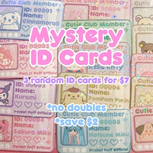 Cartes d'identité mystères - 3 cartes d'identité aléatoires cartes d'art mignonnes poyo bulba pika kawaii y2k jeu vidéo japon e girl fruit gamer personnages mignons
